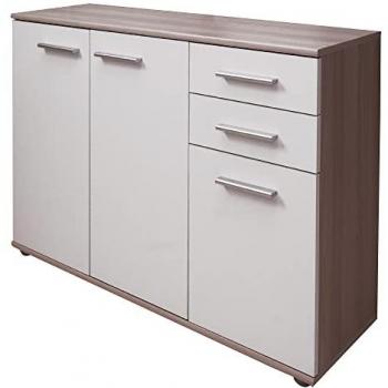 Aparador Alto Moderno DMORA con 3 Puertas y 3 Cajones, Buffet de Cocina, Estantes y Baldas, 103x35x70 cm, Color Blanco y Roble