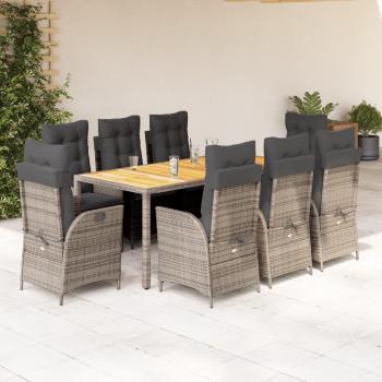 9-Piece Grey Poly Rattan Garden Dining Set with Cushions