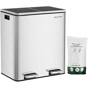 SONGMICS Cubo de Basura, 2 x 30 L, 2 Cubos, Reciclaje, Pedal de Metal, 15 Bolsas de Basura, Cubos Interiores de Plástico y Asas, Tapa con Bisagras, Cierre Suave, Hermético, Negro y Plata LTB60NL