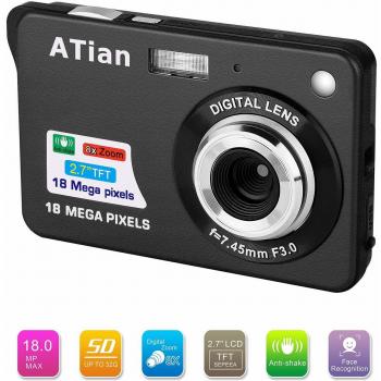 ATian Compactas Cámaras Digitales 2.7 Pulgadas LCD 8X Zoom Digital Anti-vibración Recargable HD Cámara Digital para Estudiantes/Adultos Mayores/niños