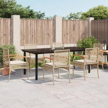 7-Piece Beige Poly Rattan Garden Dining Set with Cushions