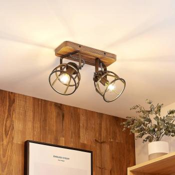 Foco de techo Lindby Rutger, 2 luces, estilo vintage en marrón, hecho de madera, para salón y comedor, con dos lámparas tipo E14