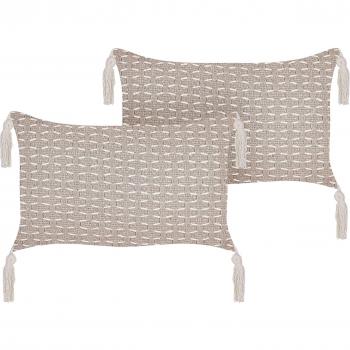 Set de 2 Cojines Decorativos Taupe 25 x 45 cm con Patrón Geométrico, Borlas y Funda Desmontable con Relleno