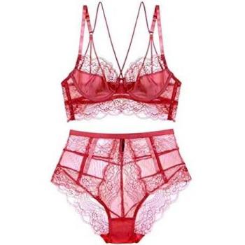 SHEKINI Conjuntos de lencería Sexy Ropa Interior para Mujer Sujetador con Aros Sin Relleno Push up Sujetador y Bragas de Encaje Transparente Caliente Sexy Bralette y Tanga