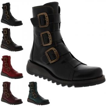 Women's Fly London Scop Leather Biker Ankle Wedge Boots - Black UK 5