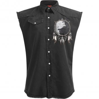 Spiral Wolf Chi Unisex 4XL Sleeveless Stone Washed Black Denim Workshirt - 100% Cotton with Yin Yang Dual Wolves Design