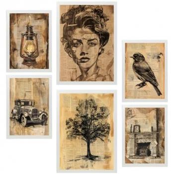 Set de 6 Pósters Vintage Secretos de Vida para Decoración - Mujeres, Pájaros, Autos y Hogar - Tamaños A3 y A4 Sin Marco
