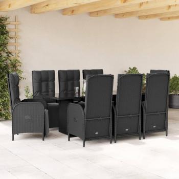 9 Piece Black Poly Rattan Garden Dining Set with Cushions