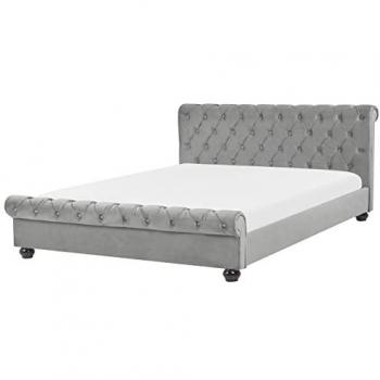 Cama Super King Size 180 x 200 cm Tapizada en Terciopelo Gris con Cabecero Acolchado Estilo Chesterfield y Patas de Madera Negras Avallon