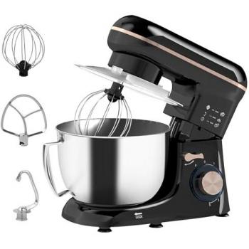 Batidora Amasadora Homcom 1300W 4,5L Acero Inoxidable 6 Velocidades con Protector contra Salpicaduras Negro