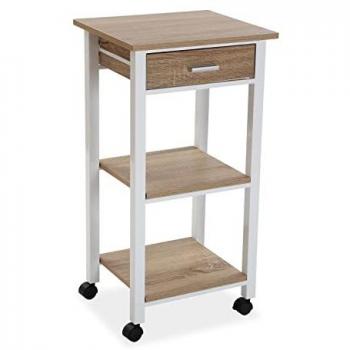 Carro de cocina multiusos Versa Moreta con ruedas, cajones y botellero, medidas 81 x 37 x 42 cm, en madera color blanco y marrón