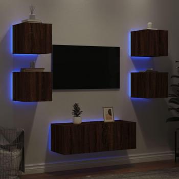 Muebles TV pared con LED 6 piezas madera ingeniería marrón roble