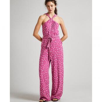 Pepe Jeans Women's Long Halter Neck Geometric Print Jumpsuit in English Rose Pink Size L
