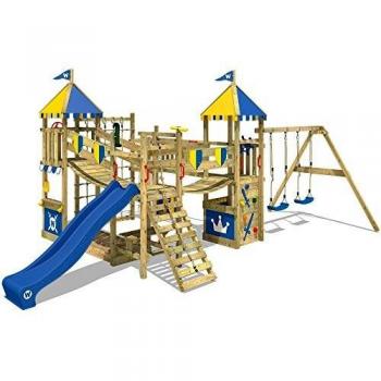 Parque Infantil de Madera Smart Queen con Altalena, Tobogán, Torre de Escalada, Caja de Arena y Accesorios - Azul y Amarillo