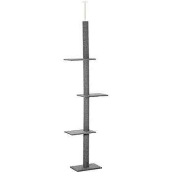 PawHut Árbol para Gatos del Suelo al Techo 43x27x228-260 cm Torre con Altura Ajustable, 4 Plataformas Espaciosas y Poste de Sisal Gris