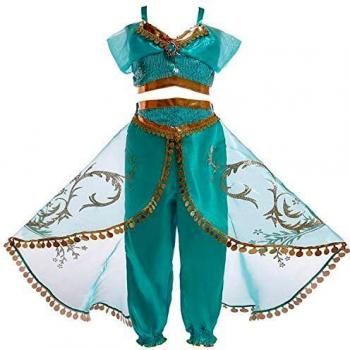 Monissy Niña Aladdin Princesa Jasmine Disfraz Tops Pantalones Manga Corta Traje Cosplay Actuación Carnaval Navidad Regalo Cumpleaños Danza Vientre Vestido de Princesa 3-10Años 110-150cm