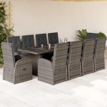 Set de comedor de jardín 11 piezas con cojines de polyrattan gris