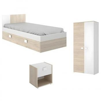 Conjunto Dormitorio Infantil Sonia - Cama 90x190 cm + Mesa de Noche + Armario Color Roble y Blanco