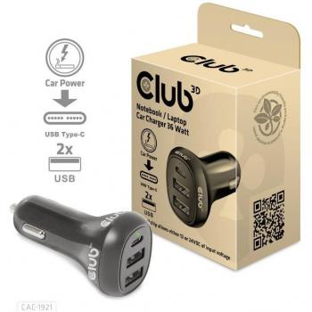 Cargador de coche para portátil Club 3D 36 vatios con 2 puertos USB y capacidad de carga rápida