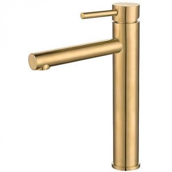 Grifo de Lavabo Alto Monomando Redondo Dorado Cepillado Serie Palancia con Protección PVD, Mezclador Agua Fría y Caliente, Ahorro de Agua, Instalación Fácil