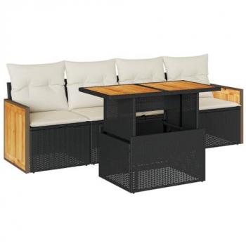 5-Piece Black Acacia Poly Rattan Garden Sofa Set with Cushions