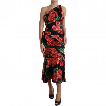 Dolce & Gabbana Floral Print Draped Silk Dress - Black Shiny Silk, Midi Length, Multicolor, Size: M (IT44 | L)
