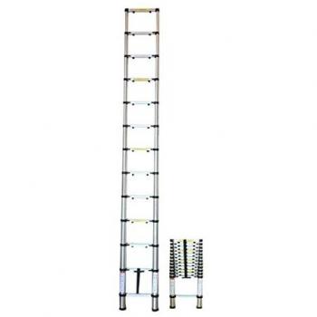 Escalera Telescópica Extensible JBM de 12 Pasos, fabricada en aluminio ligero y resistente, con un diseño compacto que permite su fácil almacenamiento y transporte, ideal para uso doméstico y profesional