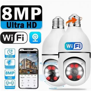 Cámara de vigilancia WiFi E27 8MP con zoom digital 4X, detección humana por IA, visión nocturna a color, inalámbrica, para interiores y hogar inteligente 2.4&5G blanca
