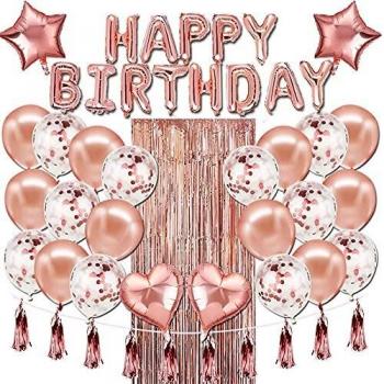 Decoracion Cumpleaños Globos, Feliz Decoración Fiesta Cumpleaños Oro Rosa, Globos de Látex Impresos, Globo para Hombres y Mujeres Decoración de Fiesta Manteles