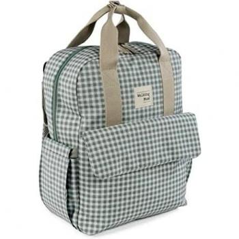 Walking Mum. Bolso Mochila I Love Vichy. Bolsa pañalera para silla de paseo. Diseño versátil con asas cortas y correas para llevar en los hombros. Color Verde. Medidas 37X28X12 cm.