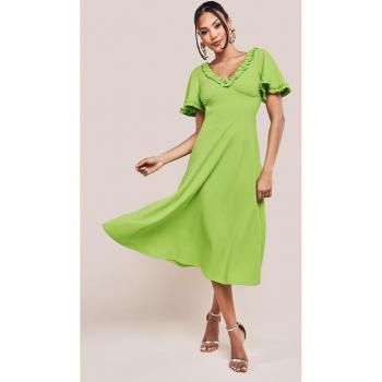 Goddiva Flare Sleeve Frill Edge Midi Dress - Lime Green - Size 12 UK