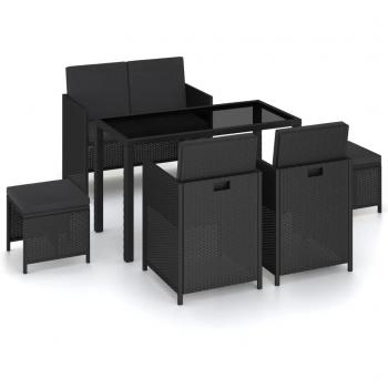 6-Piece Black Poly Rattan Outdoor Dining Set with Cushions