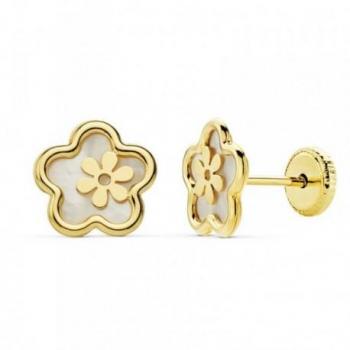 Pendientes de oro 18k para niña con motivo de flor y centro de nácar
