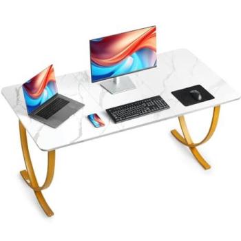 VEVOR Modern Executive Desk 63 x 31.5, Large Office Computer Table, White and Gold Finish, Heavy-Duty Metal Frame, 350 lbs Load Capacity