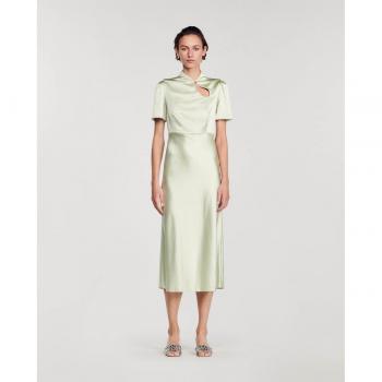 Sandro Almond Satin Midi Dress with Short Sleeves - Size 4 US / 36 FR