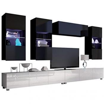 Conjunto de salón moderno Providence B109, blanco y negro brillante, con mesa de TV y estantes adicionales