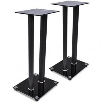 2 soportes para altavoces de cristal, con 2 pilares negros cada uno
