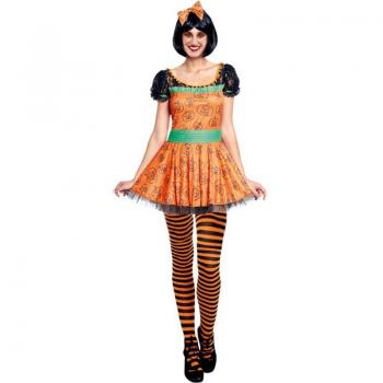 Disfraz de Calabacita para mujer - Incluye vestido verde con detalles en naranja, gorro con forma de hoja, talla única y diseño divertido ideal para fiestas de Halloween y carnaval