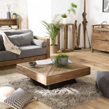 Mesa de centro cuadrada MACABANE 99,5cm madera de pino reciclada base negra
