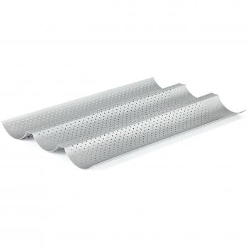 GOURMEO Barra para Baguettes - Moldes de Pan para 3 Baguettes en Plata - Molde Bandeja para Horno Pan Baguette - Revestimiento Antiadherente - Baguetera 38,5 x 28,5 x 3,5 cm - Fácil Limpieza