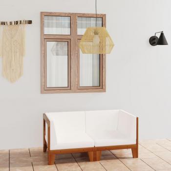 Sofá de 2 plazas en madera maciza de acacia con cojines blancos crema