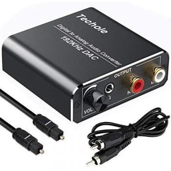 Techole Óptico a RCA con Volumen Ajustable 192kHz Óptico a Jack, Convertidor Audio Digital Óptico Coaxial Toslink a Analógico Estéreo L/R y Jack 3.5mm con Cable Óptico para PS3, PS4, Xbox, HDTV, DVD
