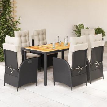 7-Piece Black Poly Rattan Garden Dining Set with Cushions