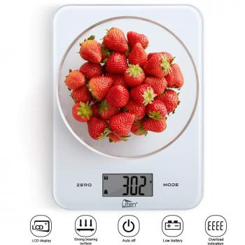Uten Kitchen - Báscula Digital para pesaje de Alimentos con Plataforma de Cristal Templado y botón táctil y batería incluida, Color Blanco, 23 cm x 17 cm