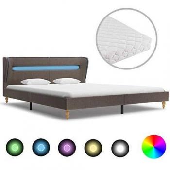 vidaXL Cama Matrimonio Luz LED Estructura Acero + Colchón Funda + Somier Láminas Cabecero Tapizada Tela 160x200 cm MDF Patas Madera Maciza Gris Topo