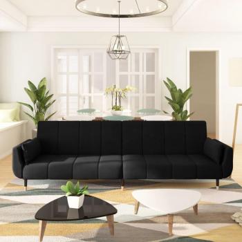 2-Seater Black Velvet Sofa Bed with Two Cushions