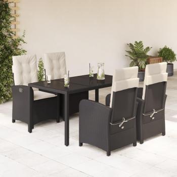 5-Piece Black Poly Rattan Garden Dining Set with Cushions