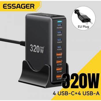 Cargador Rápido de Escritorio GaN 320W con 8 Puertos USB Tipo C PD para iPhone, Huawei, Samsung, Xiaomi, Portátiles y iPad - Enchufe EU