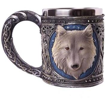 Puckator Boccale Decorativo en Resina con Lupo, poliresina, Bleu/Gris/Argent, 16,5 x 12 x 12,5 cm