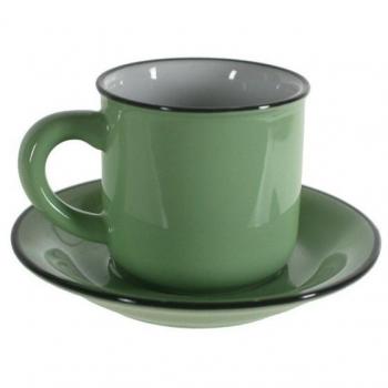 Taza de café con plato estilo vintage color verde con bordes negros retro servicio de mesa. Medidas conjunto: 7xØ 11 cm.